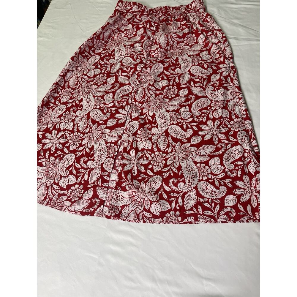 LOFT Red White Floral Skirt XS Button Front A-Line Elastic Waist Lightweight Sum